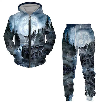 New 3D printed long sleeved hooded sweatshirt set for spring and autumn men's sportswear zipper sweatshirt