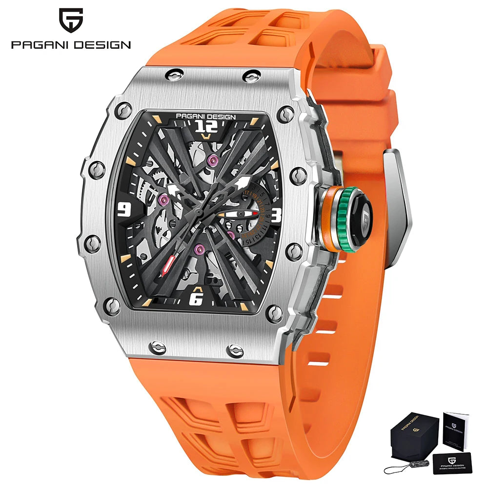 Orologio da uomo PAGANI DESIGN 2026 New al quarzo, movimento VH65, quadrante scheletrato, impermeabile 100M, sportivo rettangolare, vetro zaffiro