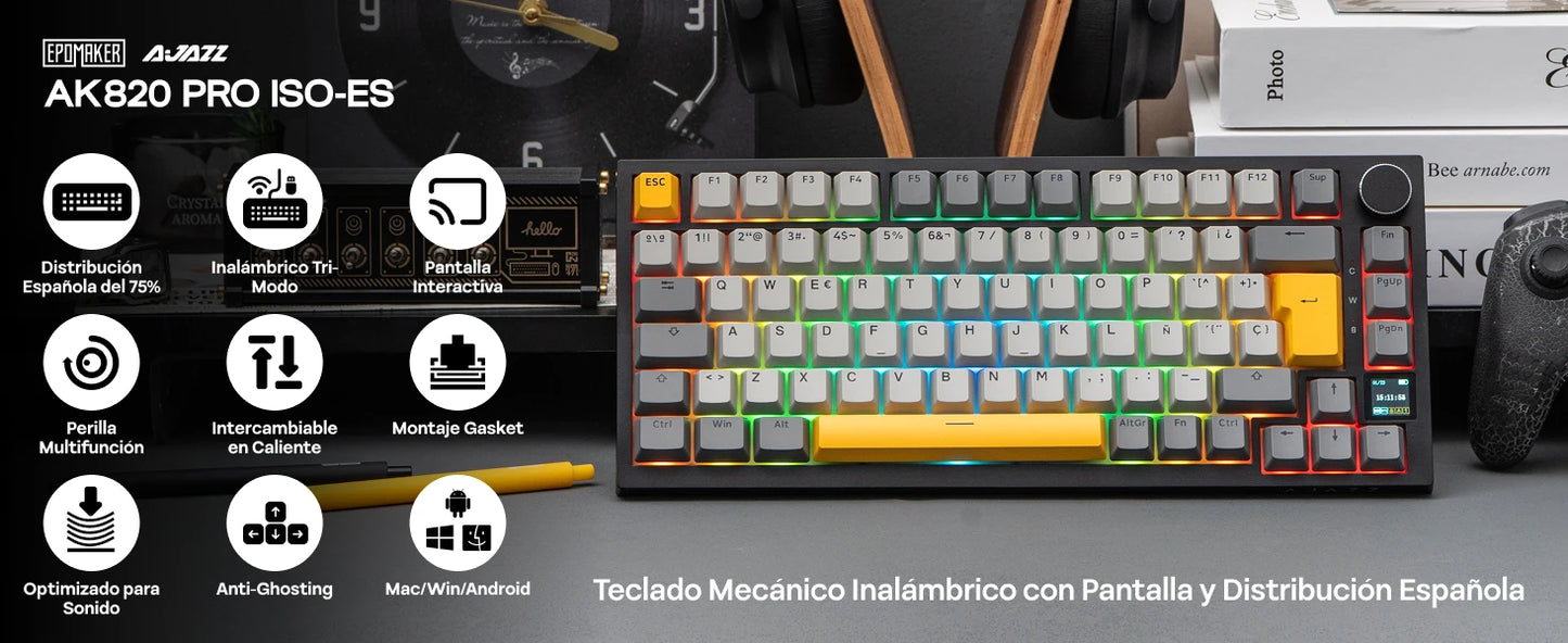 Distribución ISO-ES EPOMAKER X AJAZZ AK820 PRO 75% teclado mecánico con distribución española, cable/2.4GHz/BT, pantalla y perilla para Pc/Mac