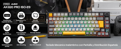 Distribución ISO-ES EPOMAKER X AJAZZ AK820 PRO 75% teclado mecánico con distribución española, cable/2.4GHz/BT, pantalla y perilla para Pc/Mac