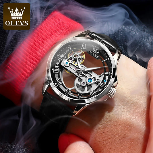 Relógio mecânico automático para homem OLEVS 6661 – Modelo esqueleto totalmente transparente com volante visível, bracelete em pele, relógio de luxo original para homem