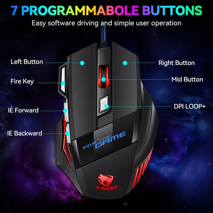 Ratón gaming con cable KEBIDUMEI, 7 botones, retroiluminación RGB, ratón USB ergonómico, 2400 DPI, 3 niveles de DPI, para PC, portátil, Windows y Mac OS