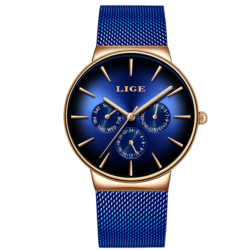 Relógio feminino LIGE, elegante e moderno – Estilo desportivo e descontraído, bracelete em malha, movimento de quartzo, indicação da data e do dia, resistente à água.
