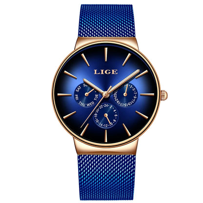 Relógio feminino LIGE, elegante e moderno – Estilo desportivo e descontraído, bracelete em malha, movimento de quartzo, indicação da data e do dia, resistente à água.