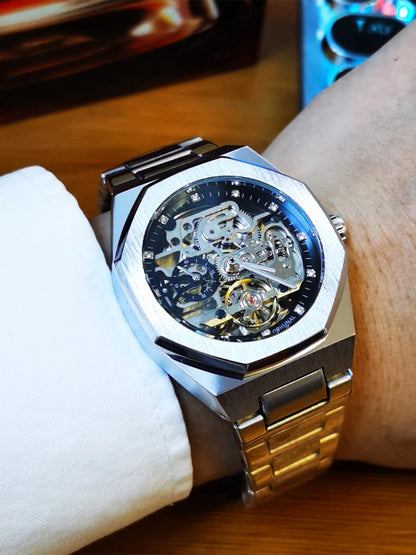 Montre mécanique automatique pour homme Forsining – Style décontracté, aiguilles luminescentes, bracelet en acier inoxydable, modèle squelette élégant et luxueux