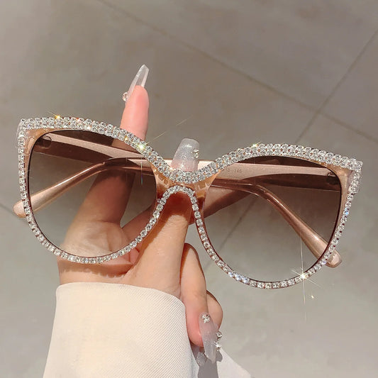 Diamond Vintage Brand Designer Oversized Sunglasses Women For Female Luxury Sun Glasses Punk Popular Cat Eye Rhinestone Eyewear