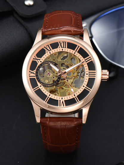 Relógio automático para homem, estilo de luxo, mostrador com algarismos romanos, mecanismo visível (esqueleto), resistente à água, ponteiros luminescentes, bracelete em pele – Uma escolha ideal para oferecer como presente.