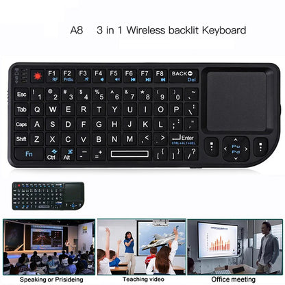 Teclado inalámbrico A8 Mini 2.4G con retroiluminación de 7 colores, teclado portátil 3 en 1 con panel táctil y Air Mouse para Android TV Box, PC y tablet