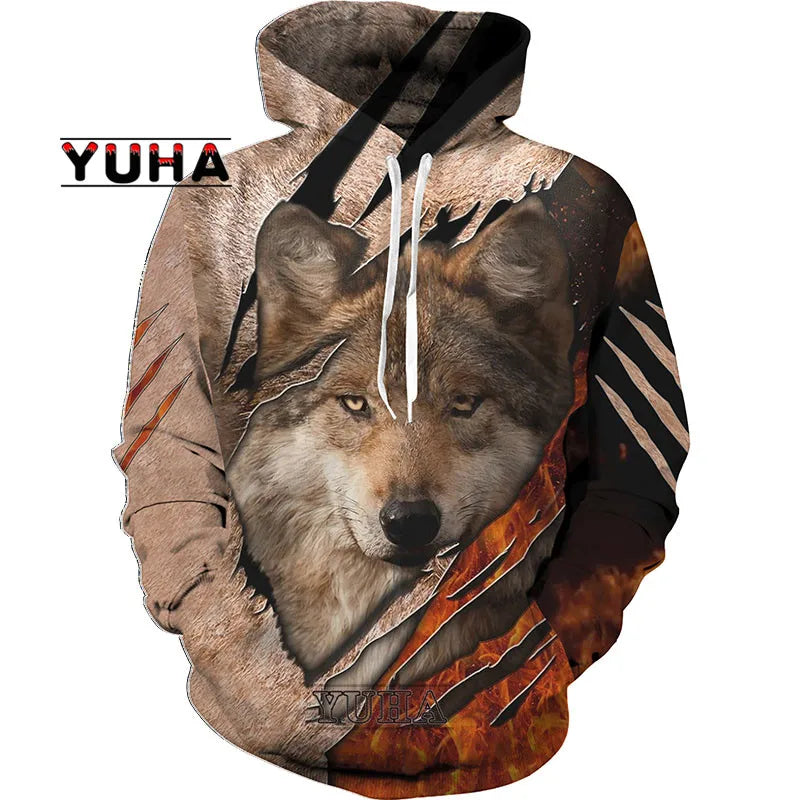 Sweatshirt com Capuz Unissexo Wolf com Impressão 3D, Pullover Cool com Gráfico Animal, Streetwear Masculino
