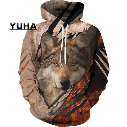 Sweatshirt com Capuz Unissexo Wolf com Impressão 3D, Pullover Cool com Gráfico Animal, Streetwear Masculino
