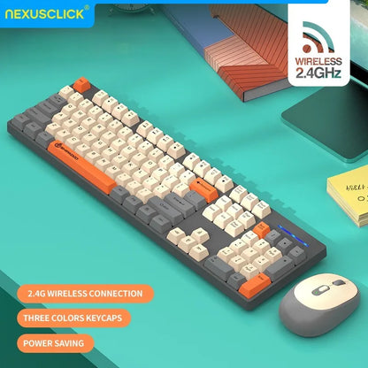 Set tastiera e mouse wireless NexusClick per gaming e ufficio, risparmio energetico intelligente, formato completo 104 tasti, 1600DPI regolabili, USB per laptop e PC