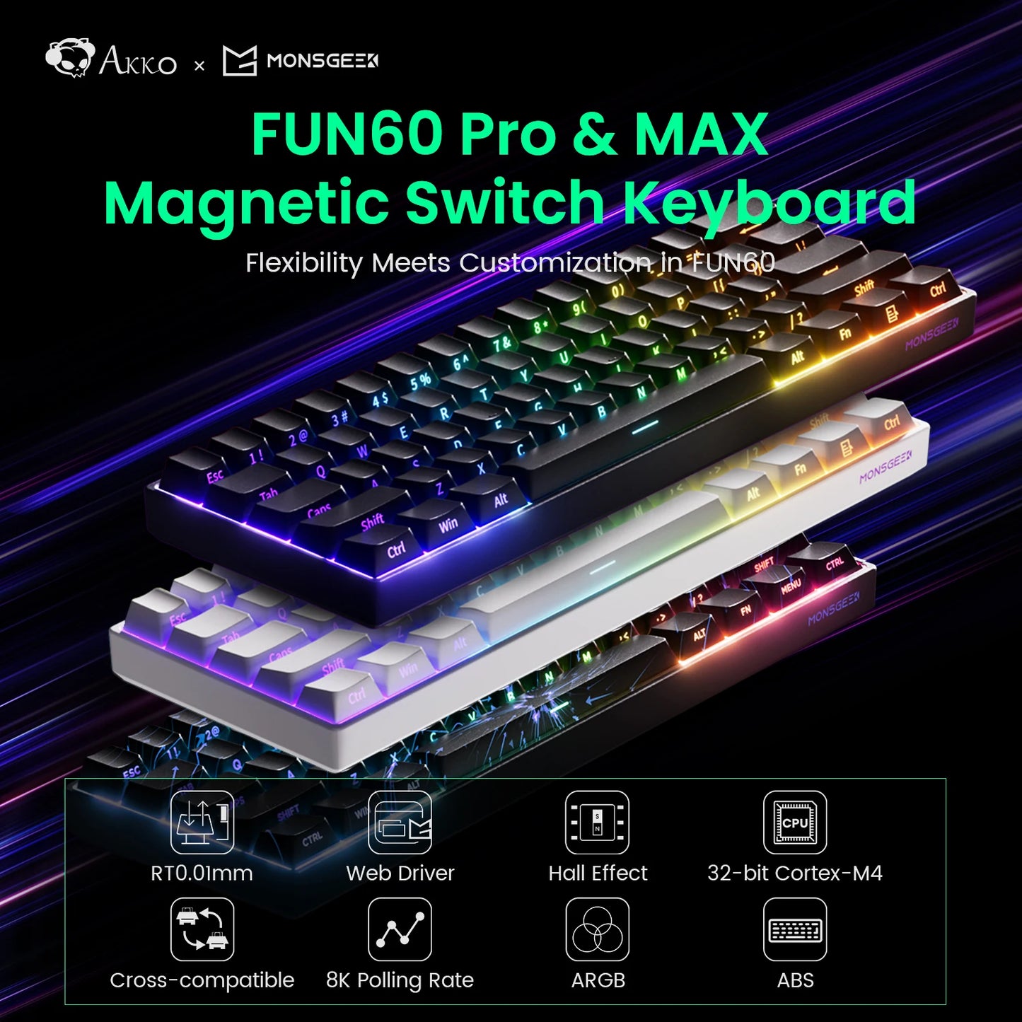 MONSGEEK FUN60 PRO&MAX HE Tastiera meccanica con switch magnetici 60% wireless da gaming, Rapid Trigger 8K ARGB, tastiera personalizzata