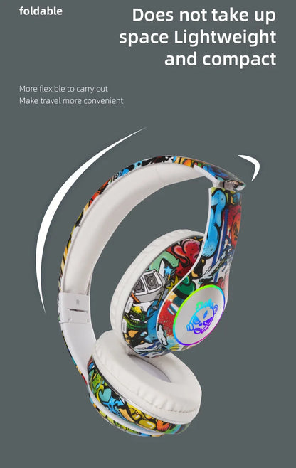 Nuovo headset gaming Bluetooth wireless Graffiti LX-8686 con microfono, luce LED, supporto per scheda TF, bassi profondi e cuffie over-ear per PC, gaming e bambini