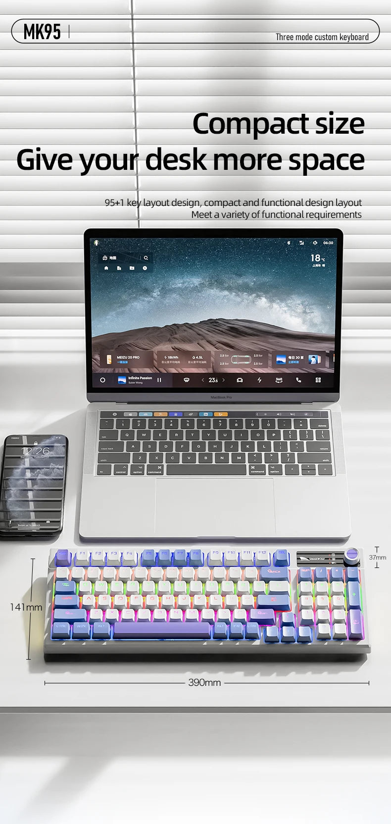 SMAILWOLF MK95 Bluetooth Wireless Korean Mechanical Keyboard Customized Gaming Laptop for Office Use with RGB Light Effect