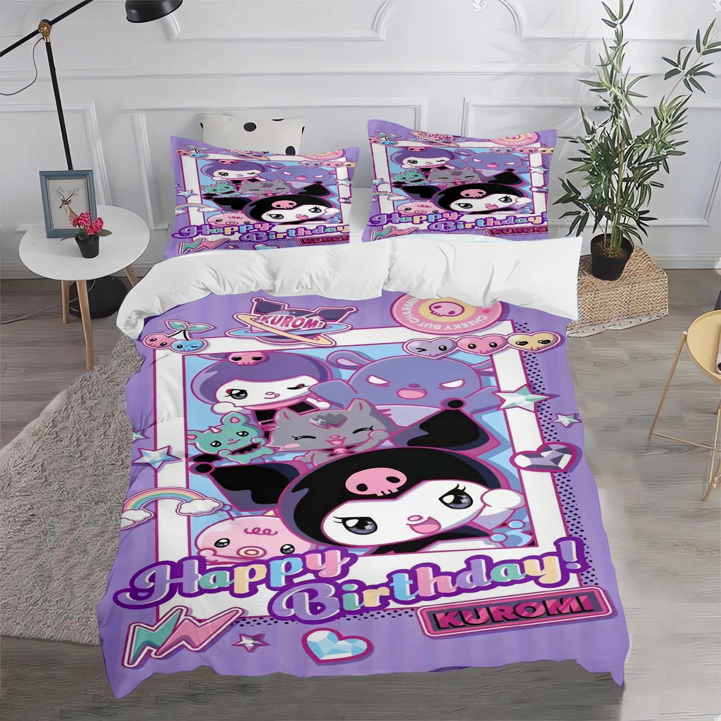 Conjunto de Capa de Edredão e Fronha Kuromi Fofo para Cama, Decoração de Quarto para Adulto, Rapaz e Rapariga, Presente para Crianças, Tamanho Individual, Duplo e Grande