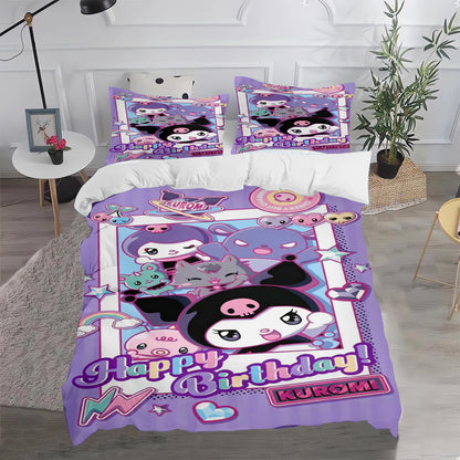 Conjunto de Capa de Edredão e Fronha Kuromi Fofo para Cama, Decoração de Quarto para Adulto, Rapaz e Rapariga, Presente para Crianças, Tamanho Individual, Duplo e Grande
