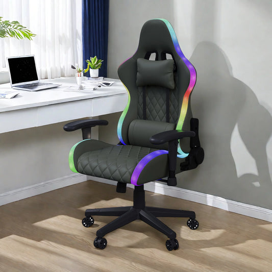 Ergonomic Gaming Chair with Massage Function, RGB LED, 90-135 Degree Recline,Up to 130kg,Office Chair, Premium Leather,Black