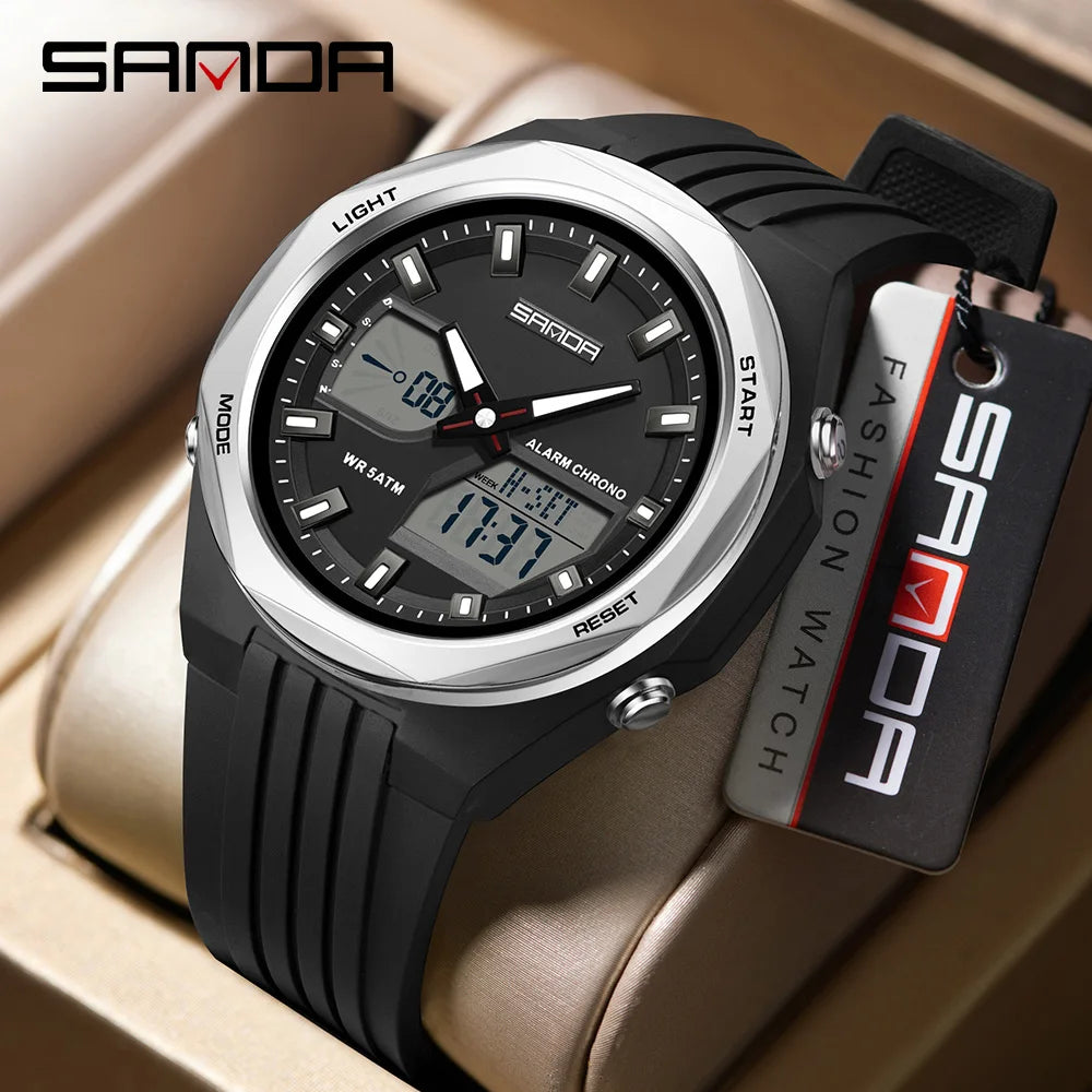 Fashion SANDA 6267 Men's Electronic Watch Multifunctional Operation Night light waterproof Dual Display Student Electronic Watch