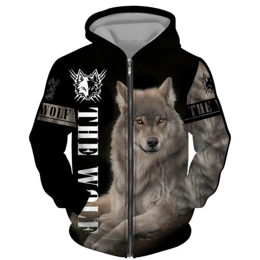 3D Wolf Print Men Zipper Hoodies Fashion Animal Pattern Top Coat Street Punk Style Oversized Sweatshirts Outdoor Leisure Jackets