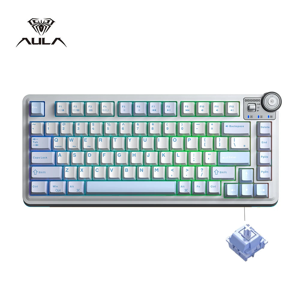 Teclado mecánico gaming esports AULA AU75 de tres modos, 81 teclas, teclas PBT, hot-swappable, RGB, teclado inalámbrico para PC de escritorio y escritura