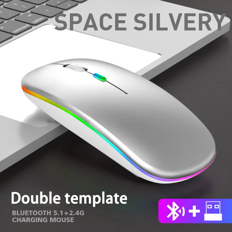 Rechargeable Bluetooth Wireless Mouse with 2.4GHz Dual Mode, RGB Ergonomic Silent Click Mouse for Laptop, PC, Mac, iPad & Android