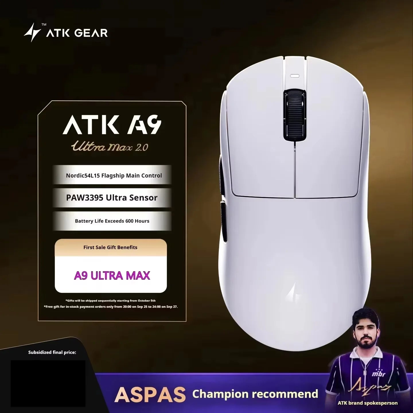 Mouse gaming wireless ATK A9 con tecnologia NearLink, ergonomico, PAW3395, tri-mode Bluetooth a bassa latenza, mouse esports per PC