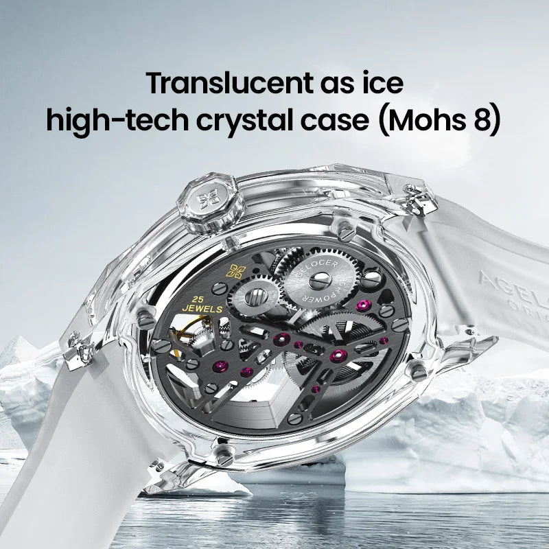 Reloj AGELOCER de edición limitada «Ice Never Melts» con tourbillon de cristal de oscilación libre, reloj mecánico manual de lujo