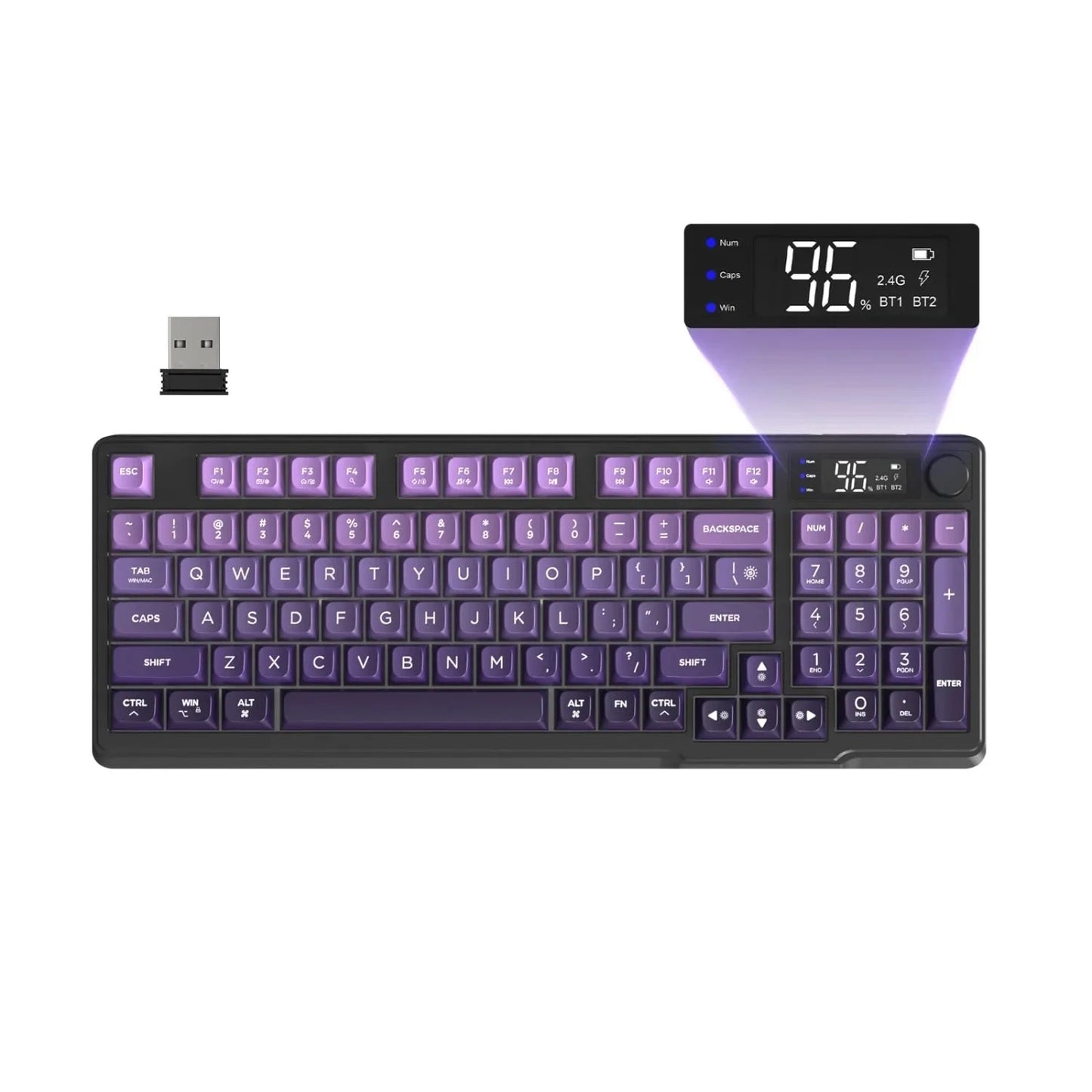 FREEWOLF M96 Wireless Keyboard Knob Control BT/2.4g/Wired,RGB LED Backlight Display,Pbt Keycap,3000mA Battery for PC/Laptop