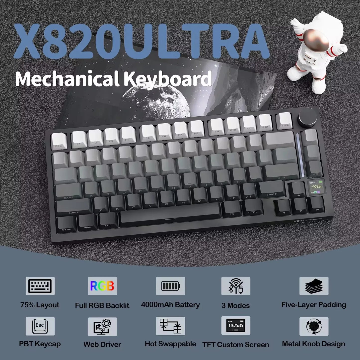 Attack Shark X820Ultra Wireless 75% Mechanical Gaming Keyboard with TFT Screen, Knob, Hot Swappable RGB, Bluetooth, 2.4GHz & USB-C