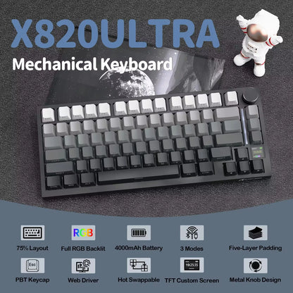 Attack Shark X820Ultra Wireless 75% Mechanical Gaming Keyboard with TFT Screen, Knob, Hot Swappable RGB, Bluetooth, 2.4GHz & USB-C