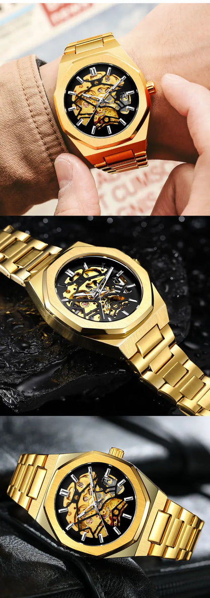 FORSINING 344D Top Brand Luxury Skeleton Automatic Mechanical Men's Watch Hollow Design Luminous Stainless Steel Strap Clock Men