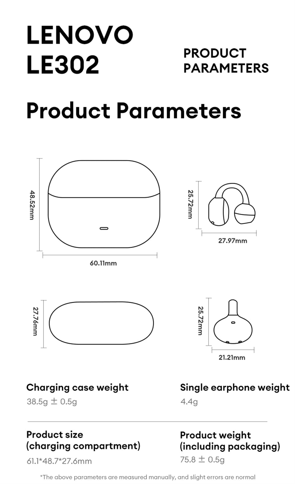 Auriculares Lenovo LE302 inalámbricos Bluetooth 6.0, batería de larga duración, clip deportivo para la oreja, estéreo HIFI con cancelación de ruido