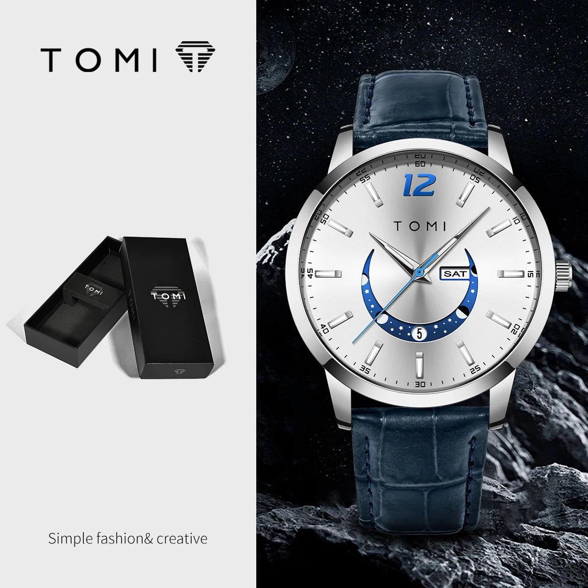 Relógio de quartzo TOMI, estilo empresarial e elegante, com bracelete em pele, caixa em liga metálica e mostrador com ponteiros – Design de alta qualidade, ideia de presente para homem