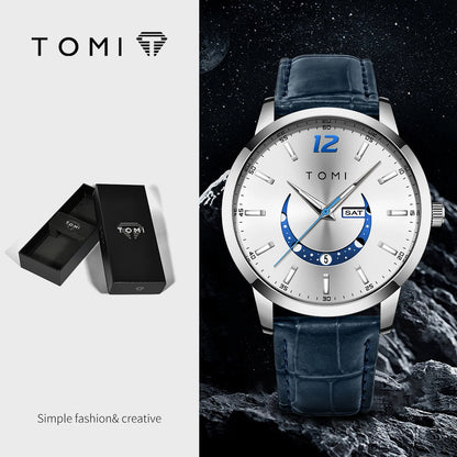 Relógio de quartzo TOMI, estilo empresarial e elegante, com bracelete em pele, caixa em liga metálica e mostrador com ponteiros – Design de alta qualidade, ideia de presente para homem
