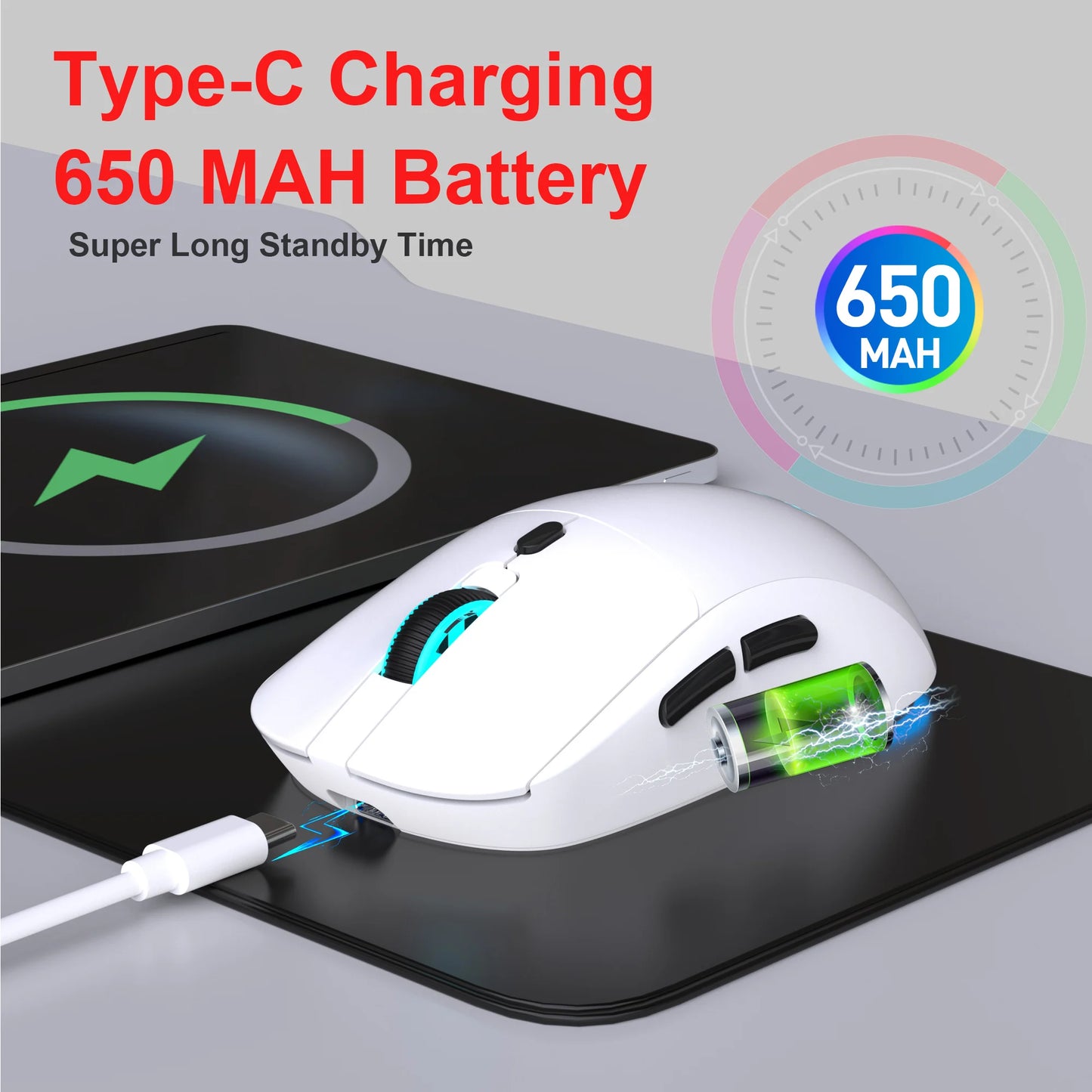 2.4G Wireless Rechargeable Mouse with RGB Lighting, 3600 DPI Ergonomic Silent Wireless Mouse for Laptop, PC, Office & Gaming