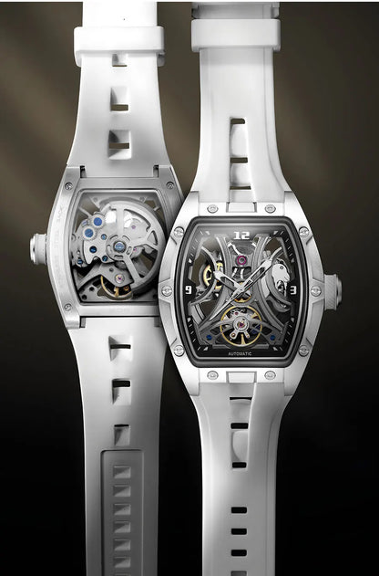 MEGIR Sports Style Automatic Mechanical Watch for Men Full Hollow Transparent Dial Design Stainless Steel Case Silicone Strap