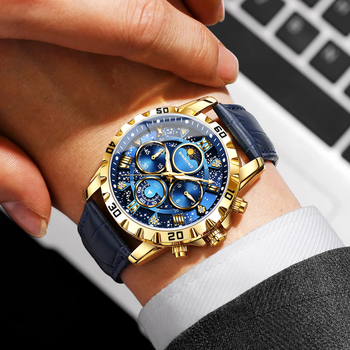 Relógio de pulso de quartzo BINBOND, autêntico e preciso, para homem, cronógrafo luxuoso, resistente à água e com luz, com bracelete em pele.