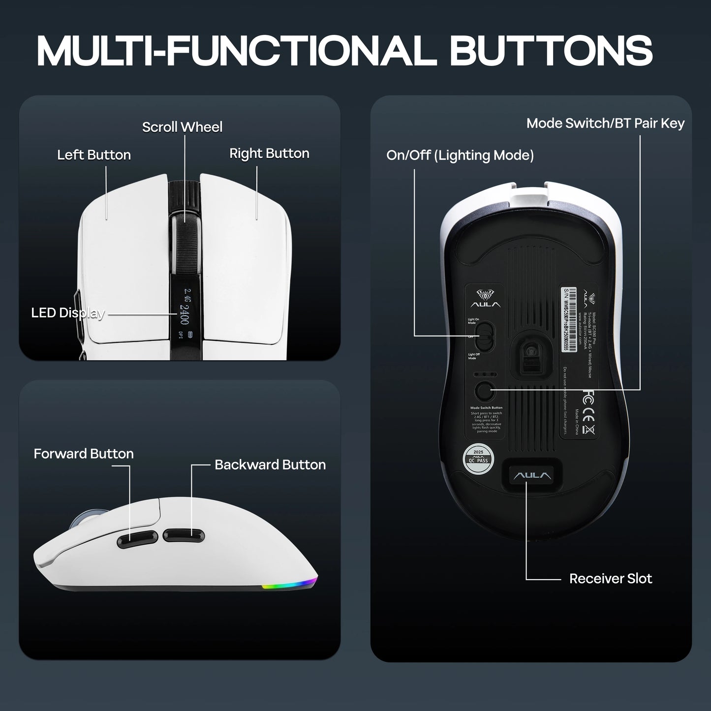 Ratón gaming AULA SC590 PRO con cable/Bluetooth/inalámbrico 2.4GHz, 20000 DPI y sensor PAW3311 con tasa de sondeo de 1000 para Win/Mac/gaming