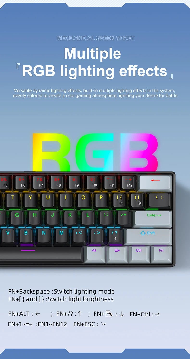 Tastiera meccanica mini APAYADO K61, cablata, 61 tasti, RGB Phantom, nera/bianca, switch meccanici rossi/blu per gaming, portatile 60%