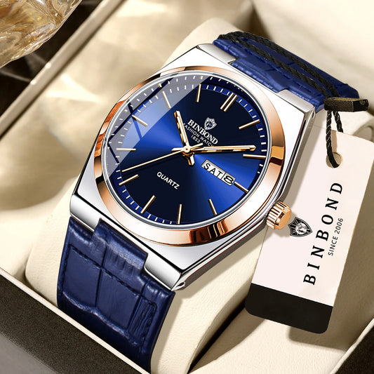 BINBOND Luxury leather strap quartz wristwatches precise luminous waterproof auto date week display durable men's watch reloj