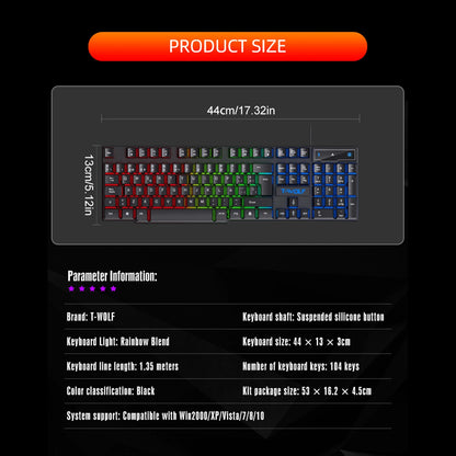 Tastiera gaming meccanica con retroilluminazione RGB, cablata USB, per ufficio e casa, tasti multimediali, layout russo, spagnolo, arabo e inglese