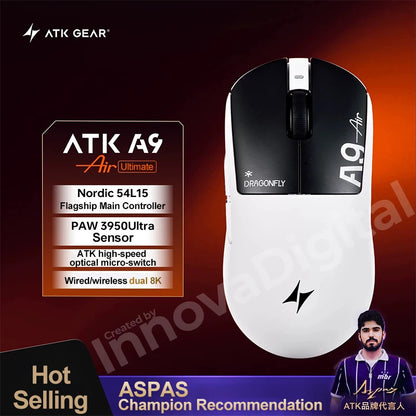 Mouse gaming wireless ATK Dragonfly A9 Ultimate A9 Air PAW3950 ultraleggero ergonomico e-sport per gamer FPS CSGO A9 Ultra