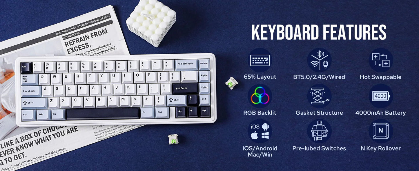 Teclado mecánico EPOMAKER x AULA F65 con distribución 65%, hot-swap, montaje gasket y conexión con cable/Bluetooth/inalámbrica 2.4G para Mac/Win