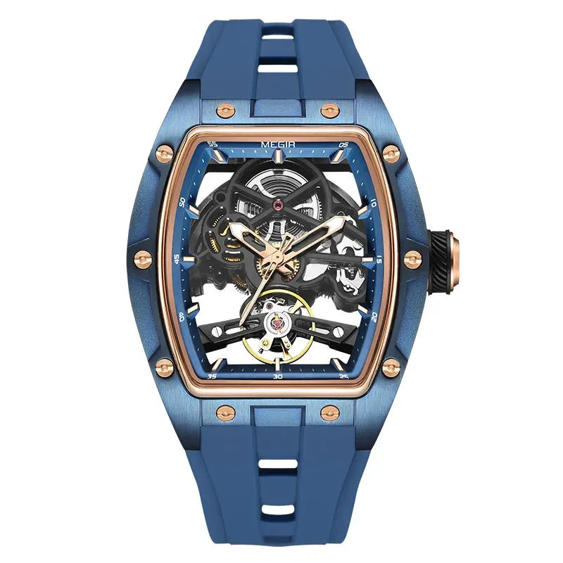Orologio da polso automatico MEGIR da uomo, fashion, cinturino in silicone nero, impermeabile, luminoso, sportivo, meccanico, con quadrante tonneau 2242