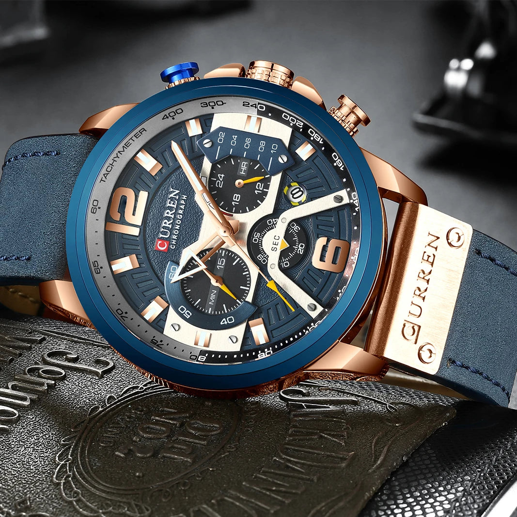 Relógio para homem CURREN 8329 – Estilo desportivo descontraído, design militar, bracelete em pele, cronógrafo na moda, relógio de luxo de grande marca