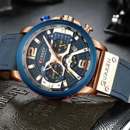 Relógio para homem CURREN 8329 – Estilo desportivo descontraído, design militar, bracelete em pele, cronógrafo na moda, relógio de luxo de grande marca