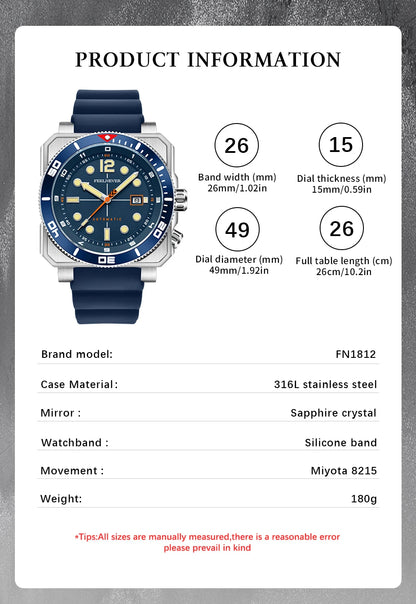 Orologio subacqueo automatico FeelNever 8215 da uomo, super luminoso, in acciaio 316, con vetro zaffiro, orologio sportivo meccanico maschile