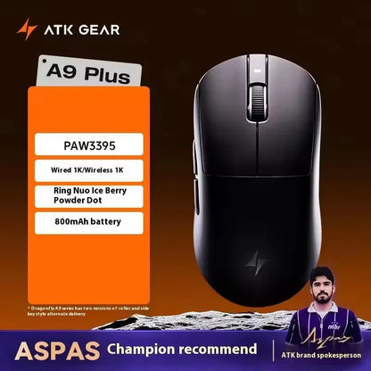 Mouse gaming wireless ATK A9 con tecnologia NearLink, ergonomico, PAW3395, tri-mode Bluetooth a bassa latenza, mouse esports per PC