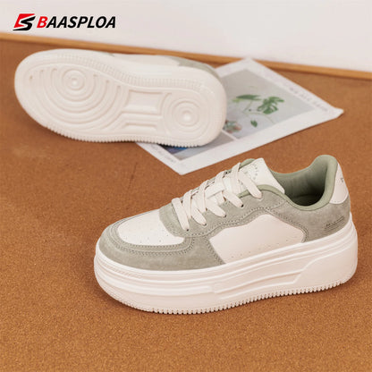 Baasploa Women Platform Sneakers Fashion Leather Casual Thick Soled Shoes for Women Comfort White Skateboarding Shoes Non-Slip