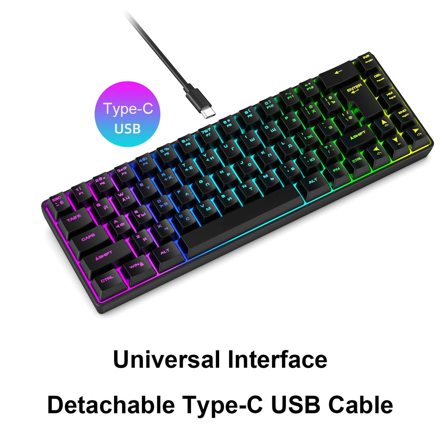 Tastiera meccanica gaming 68 tasti russo-inglese, tastiera bilingue con retroilluminazione RGB per il gaming